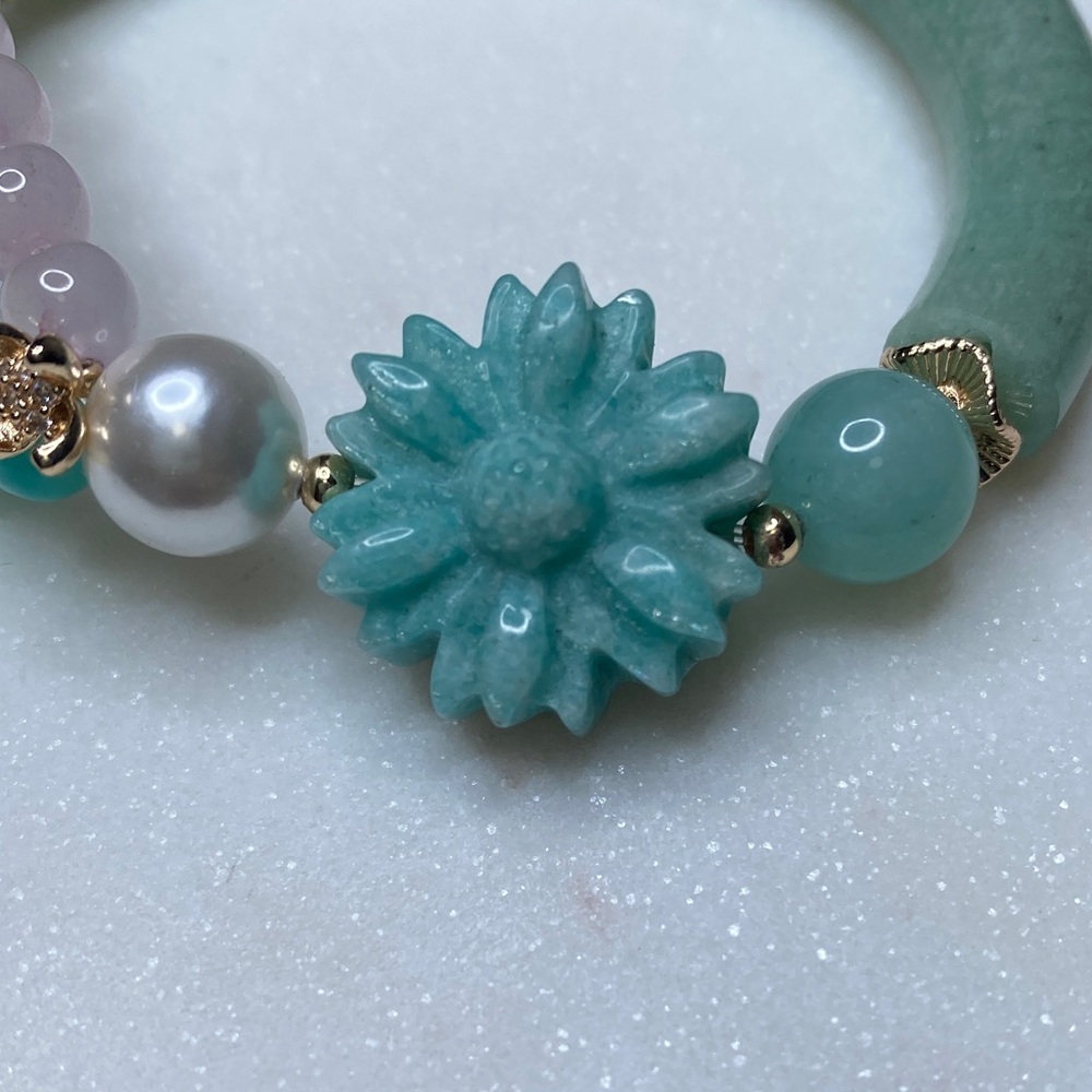 Amazonite Half Bangle Bracelet • Hand-Carved Amazonite Flower & Rose Quartz Duo - Picture 5 of 8
